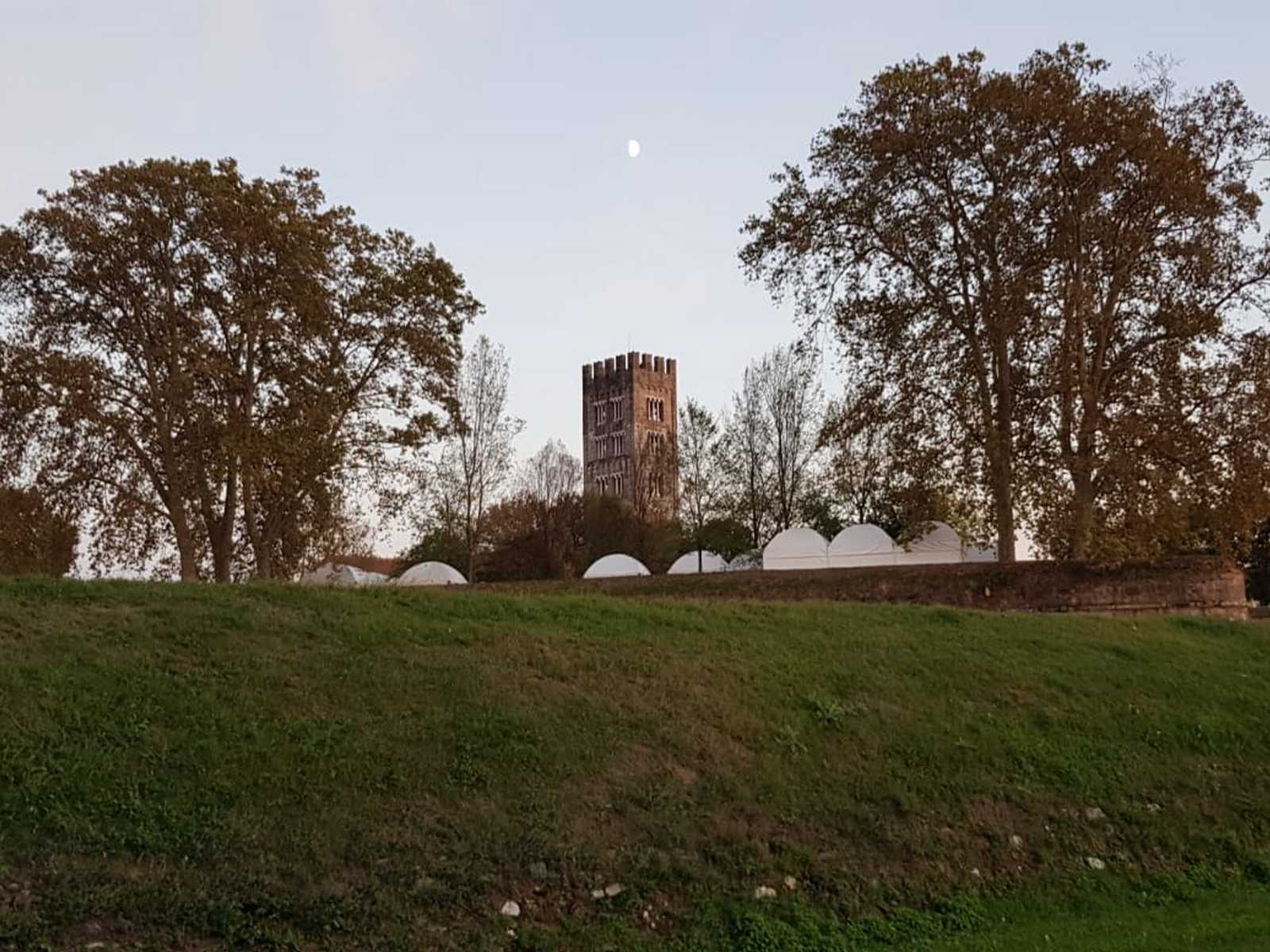 מגדל טורה גואיניג’י בעיר לוקה על רקע עצים ושמי ערב באזור טוסקנה