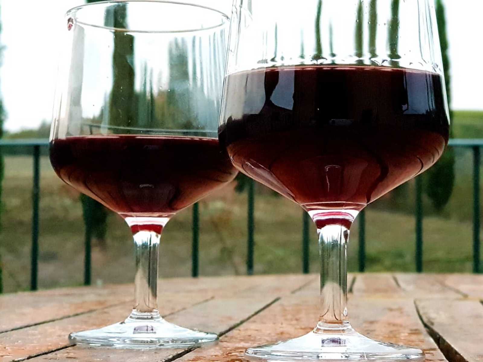 כוסות יין אדום על רקע הכרמים היפים של אזור טוסקנה